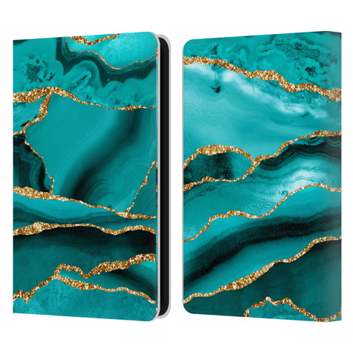 UtArt Malachite Emerald Aquamarine Gold Waves Leather Book Wallet Case Cover For Amazon Kindle 11th Gen 6in 2022