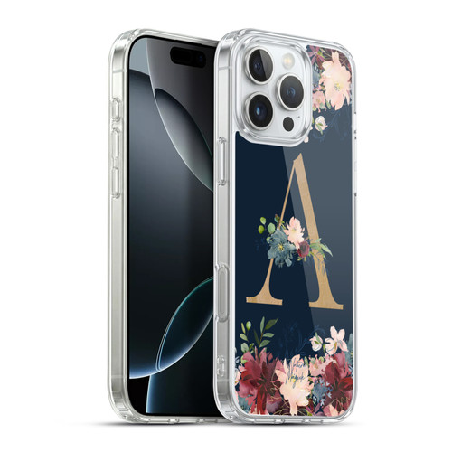 Nature Magick Floral Monogram Gold Navy Letter A Soft Gel Case for Apple iPhone 16 Pro Max & MagSafe