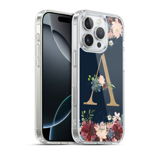 Nature Magick Floral Monogram Gold Navy Letter A Soft Gel Case for Apple iPhone 16 Pro & MagSafe