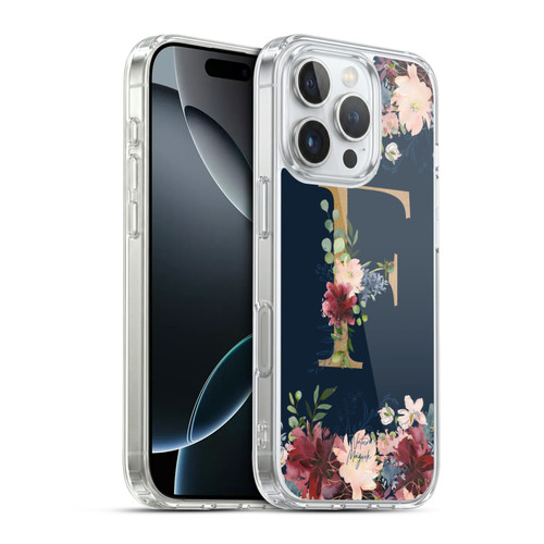 Nature Magick Floral Monogram Gold Navy Letter F Soft Gel Case for Apple iPhone 16 Pro & MagSafe