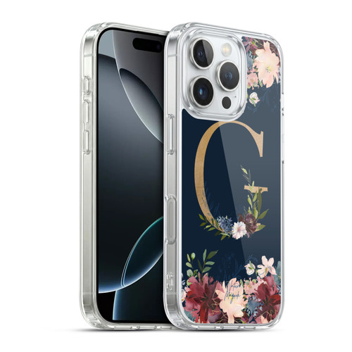Nature Magick Floral Monogram Gold Navy Letter G Soft Gel Case for Apple iPhone 16 Pro & MagSafe