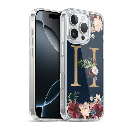 Nature Magick Floral Monogram Gold Navy Letter H Soft Gel Case for Apple iPhone 16 Pro & MagSafe
