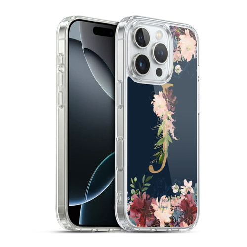 Nature Magick Floral Monogram Gold Navy Letter J Soft Gel Case for Apple iPhone 16 Pro & MagSafe