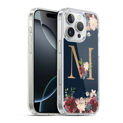 Nature Magick Floral Monogram Gold Navy Letter M Soft Gel Case for Apple iPhone 16 Pro & MagSafe