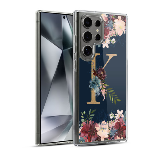 Nature Magick Floral Monogram Gold Navy Letter K Soft Gel Case for Samsung Galaxy S24 Ultra 5G & MagSafe
