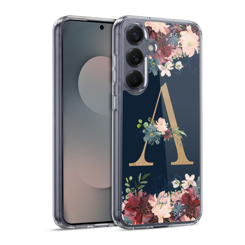 Nature Magick Floral Monogram Gold Navy Letter A Soft Gel Case for Samsung Galaxy S25 & MagSafe