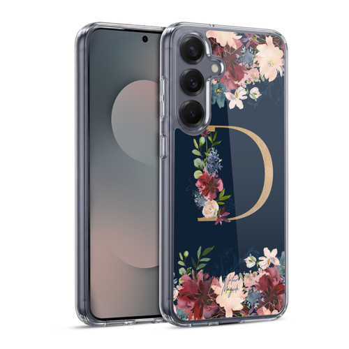 Nature Magick Floral Monogram Gold Navy Letter D Soft Gel Case for Samsung Galaxy S25 & MagSafe