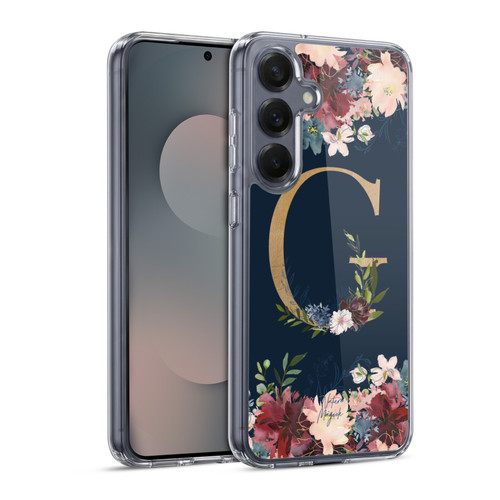 Nature Magick Floral Monogram Gold Navy Letter G Soft Gel Case for Samsung Galaxy S25 & MagSafe