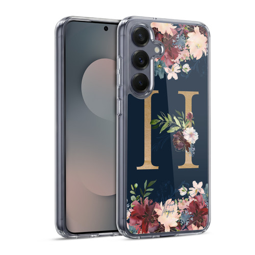 Nature Magick Floral Monogram Gold Navy Letter H Soft Gel Case for Samsung Galaxy S25 & MagSafe