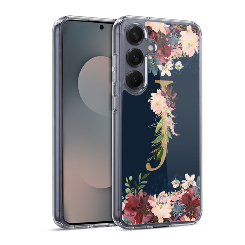 Nature Magick Floral Monogram Gold Navy Letter J Soft Gel Case for Samsung Galaxy S25 & MagSafe