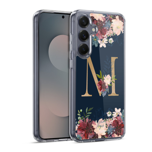 Nature Magick Floral Monogram Gold Navy Letter M Soft Gel Case for Samsung Galaxy S25 & MagSafe