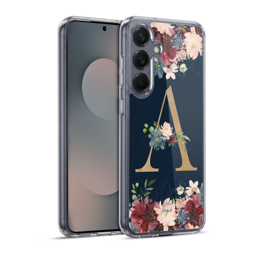 Nature Magick Floral Monogram Gold Navy Letter A Soft Gel Case for Samsung Galaxy S25+ & MagSafe