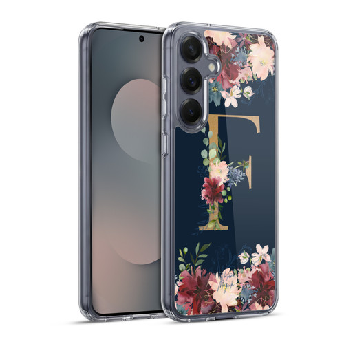 Nature Magick Floral Monogram Gold Navy Letter F Soft Gel Case for Samsung Galaxy S25+ & MagSafe