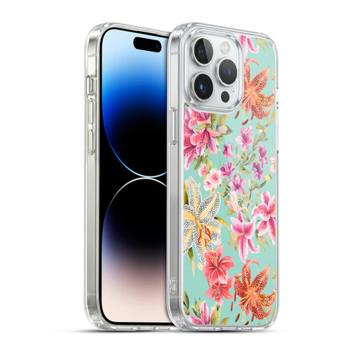 Ninola Pastel Beautiful Floral Liliums Pink Aqua Soft Gel Case for Apple iPhone 14 Pro Max & MagSafe