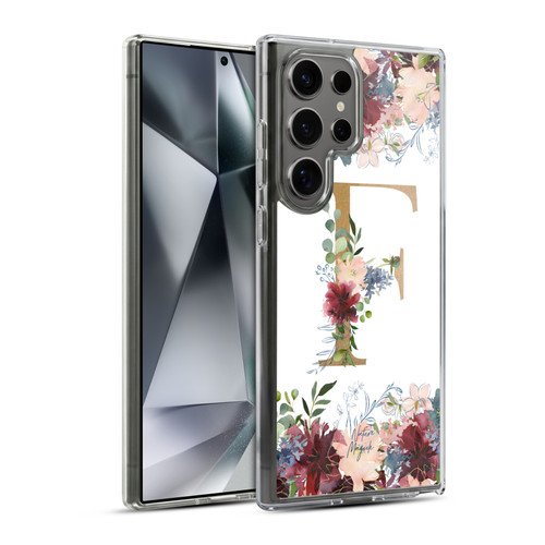 Nature Magick Flowers Monogram Floral Gold Letter F Soft Gel Case for Samsung Galaxy S24 Ultra 5G & MagSafe