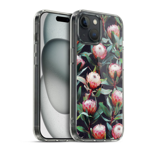 Micklyn Le Feuvre Florals 2 Evening Proteas Pink On Charcoal Soft Gel Case for Apple iPhone 15 & MagSafe