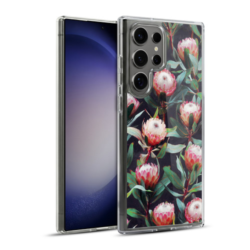 Micklyn Le Feuvre Florals 2 Evening Proteas Pink On Charcoal Soft Gel Case for Samsung Galaxy S23 Ultra 5G & MagSafe