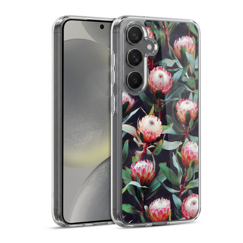 Micklyn Le Feuvre Florals 2 Evening Proteas Pink On Charcoal Soft Gel Case for Samsung Galaxy S24 5G & MagSafe