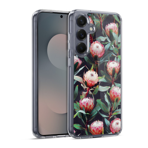 Micklyn Le Feuvre Florals 2 Evening Proteas Pink On Charcoal Soft Gel Case for Samsung Galaxy S25 & MagSafe
