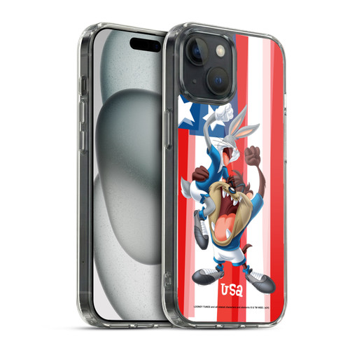 Looney Tunes Flag Graphics USA Taz & Bugs Bunny Soft Gel Case for Apple iPhone 15 & MagSafe
