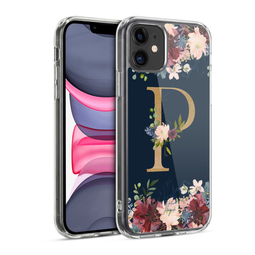 Nature Magick Floral Monogram Gold Navy 2 Letter P Soft Gel Case for Apple iPhone 11