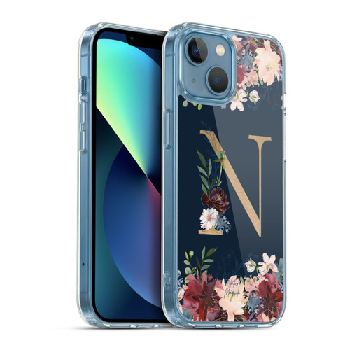 Nature Magick Floral Monogram Gold Navy 2 Letter N Soft Gel Case for Apple iPhone 13 Mini & MagSafe
