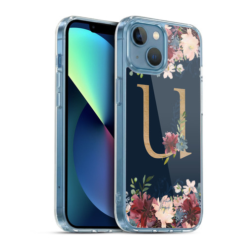 Nature Magick Floral Monogram Gold Navy 2 Letter U Soft Gel Case for Apple iPhone 13 Mini & MagSafe