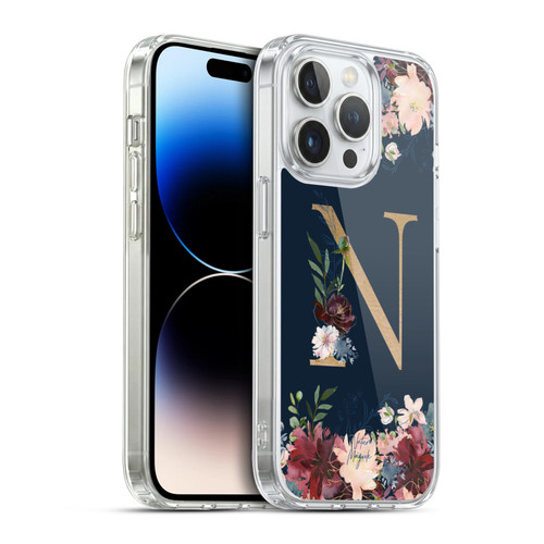 Nature Magick Floral Monogram Gold Navy 2 Letter N Soft Gel Case for Apple iPhone 14 Pro & MagSafe