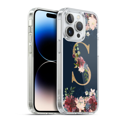 Nature Magick Floral Monogram Gold Navy 2 Letter S Soft Gel Case for Apple iPhone 14 Pro & MagSafe
