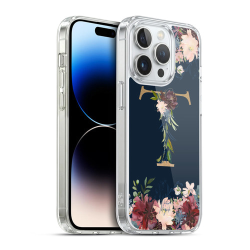 Nature Magick Floral Monogram Gold Navy 2 Letter T Soft Gel Case for Apple iPhone 14 Pro & MagSafe
