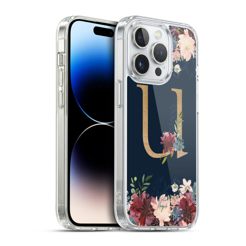 Nature Magick Floral Monogram Gold Navy 2 Letter U Soft Gel Case for Apple iPhone 14 Pro & MagSafe