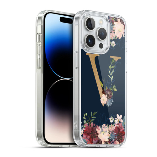 Nature Magick Floral Monogram Gold Navy 2 Letter V Soft Gel Case for Apple iPhone 14 Pro & MagSafe