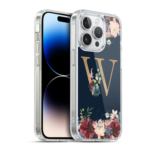 Nature Magick Floral Monogram Gold Navy 2 Letter W Soft Gel Case for Apple iPhone 14 Pro & MagSafe