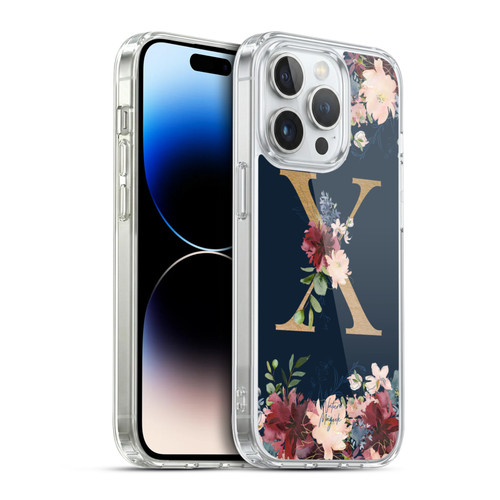 Nature Magick Floral Monogram Gold Navy 2 Letter X Soft Gel Case for Apple iPhone 14 Pro & MagSafe