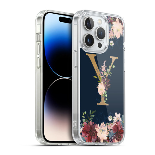 Nature Magick Floral Monogram Gold Navy 2 Letter Y Soft Gel Case for Apple iPhone 14 Pro & MagSafe