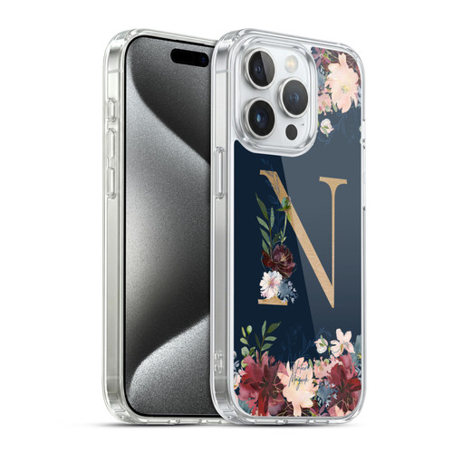 Nature Magick Floral Monogram Gold Navy 2 Letter N Soft Gel Case for Apple iPhone 15 Pro & MagSafe