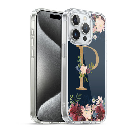 Nature Magick Floral Monogram Gold Navy 2 Letter P Soft Gel Case for Apple iPhone 15 Pro & MagSafe