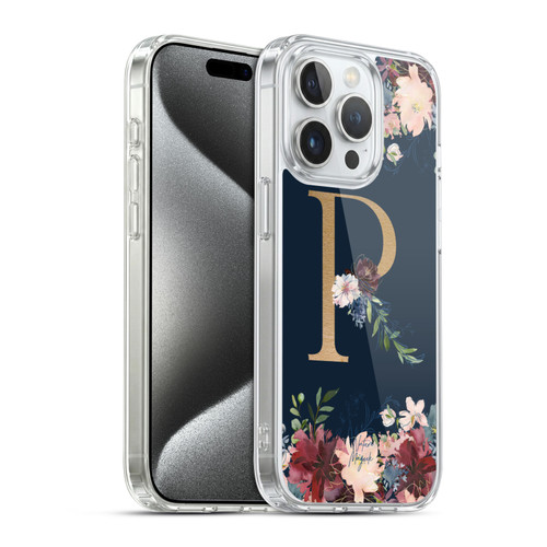 Nature Magick Floral Monogram Gold Navy 2 Letter R Soft Gel Case for Apple iPhone 15 Pro & MagSafe