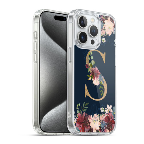 Nature Magick Floral Monogram Gold Navy 2 Letter S Soft Gel Case for Apple iPhone 15 Pro & MagSafe