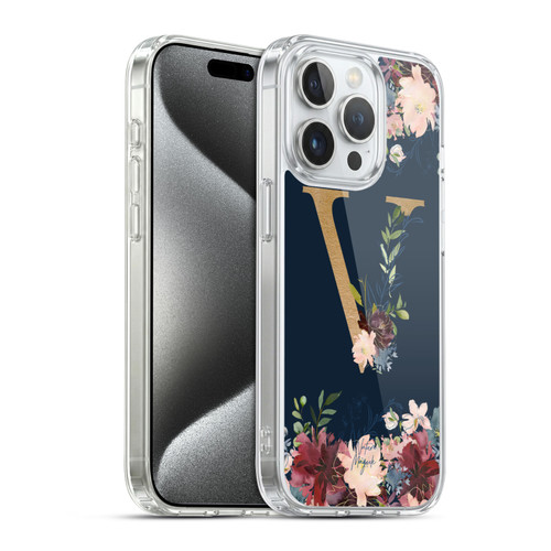Nature Magick Floral Monogram Gold Navy 2 Letter V Soft Gel Case for Apple iPhone 15 Pro & MagSafe