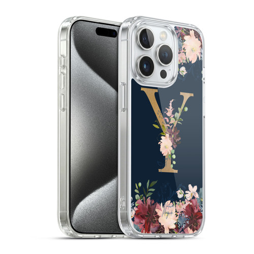 Nature Magick Floral Monogram Gold Navy 2 Letter Y Soft Gel Case for Apple iPhone 15 Pro & MagSafe