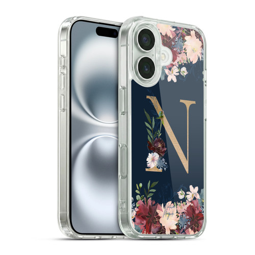 Nature Magick Floral Monogram Gold Navy 2 Letter N Soft Gel Case for Apple iPhone 16 & MagSafe