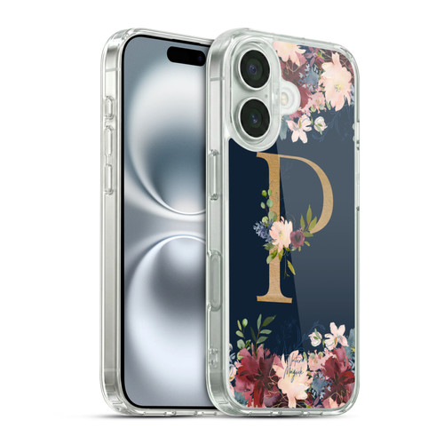 Nature Magick Floral Monogram Gold Navy 2 Letter P Soft Gel Case for Apple iPhone 16 & MagSafe