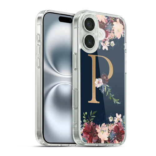 Nature Magick Floral Monogram Gold Navy 2 Letter R Soft Gel Case for Apple iPhone 16 & MagSafe