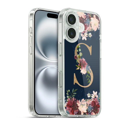 Nature Magick Floral Monogram Gold Navy 2 Letter S Soft Gel Case for Apple iPhone 16 & MagSafe
