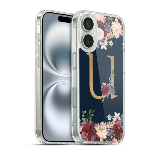 Nature Magick Floral Monogram Gold Navy 2 Letter U Soft Gel Case for Apple iPhone 16 & MagSafe