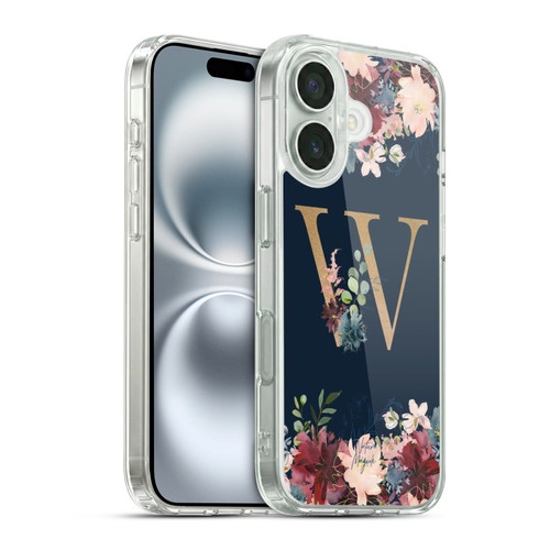 Nature Magick Floral Monogram Gold Navy 2 Letter W Soft Gel Case for Apple iPhone 16 & MagSafe