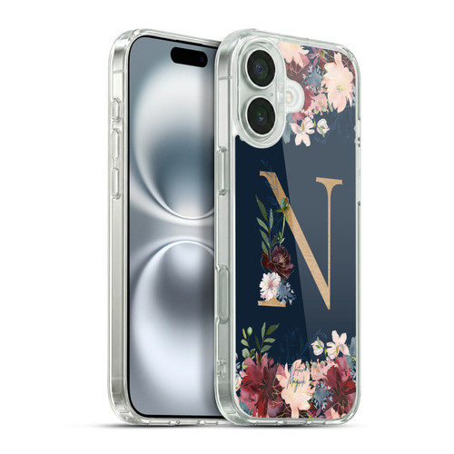Nature Magick Floral Monogram Gold Navy 2 Letter N Soft Gel Case for Apple iPhone 16 Plus & MagSafe