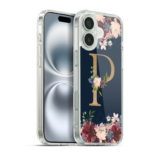 Nature Magick Floral Monogram Gold Navy 2 Letter P Soft Gel Case for Apple iPhone 16 Plus & MagSafe