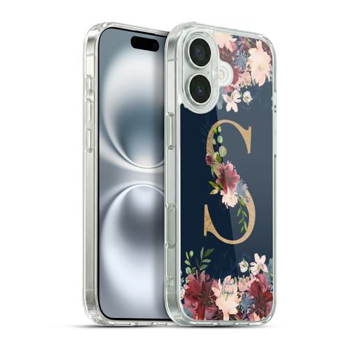 Nature Magick Floral Monogram Gold Navy 2 Letter S Soft Gel Case for Apple iPhone 16 Plus & MagSafe